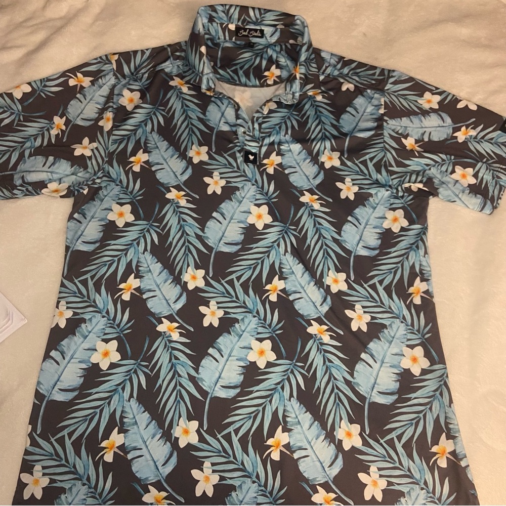 Bad Birdie Polo Shirt Mens XL Mahalo Floral Stretch Breathable Gray/teal